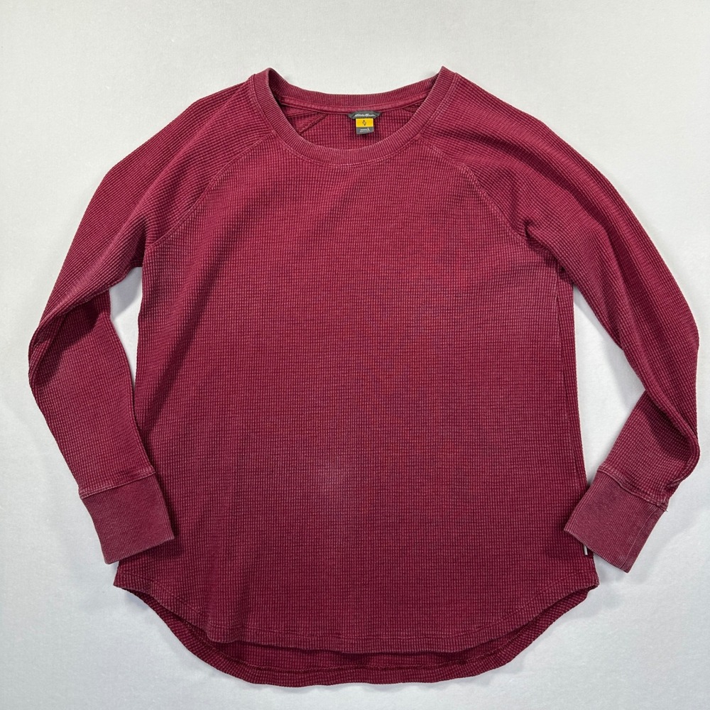 Eddie Bauer Waffle Knit Top L Burgundy Raglan Long Sleeve Thermal Gorpcore Cabin